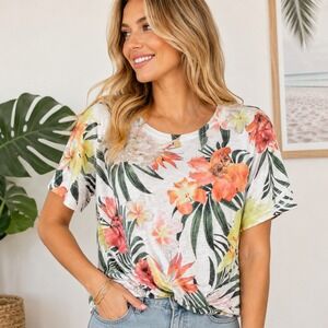 Tryst Womens Large Tropical Hawaiian Floral Knot Front Slub Knit Tee White Multi